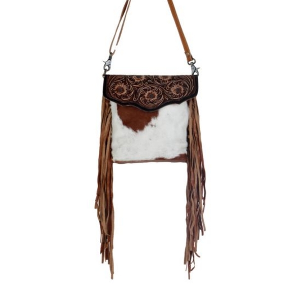 NWT MYRA BLOSSOM HAND-TOOLED BAG Genuine Hair On Hide Leather Fringe - Picture 2 of 8